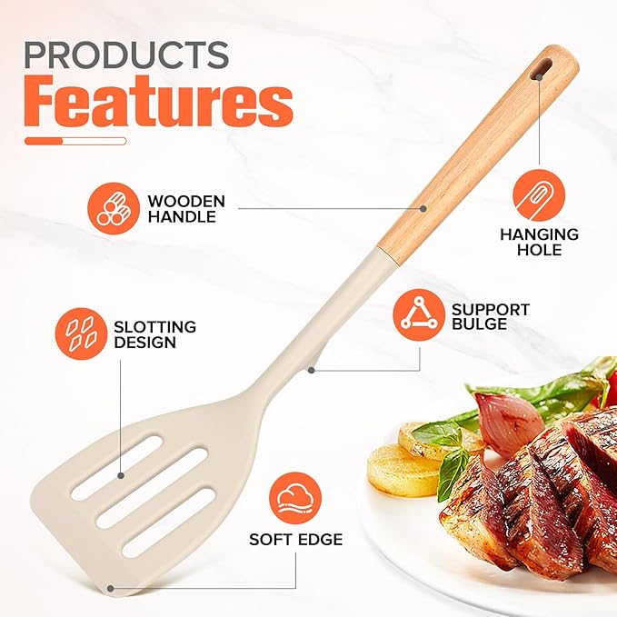 Silicone Cooking Spatula, Heat Resistant Solid Turner, Slotted Spatulas with Wooden Handle,Ideal Wood Kitchen Utensils Set for Frying, Baking, Flipping, Turning,Pack of 2 (Khaki)