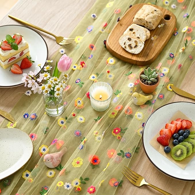 Artoid Mode Fern Green Wildflower Floral Gauze Embroidery Table Runner 120 Inch 10FT, Tulle Seasonal Spring Kitchen Dining Table Decor for Home Party