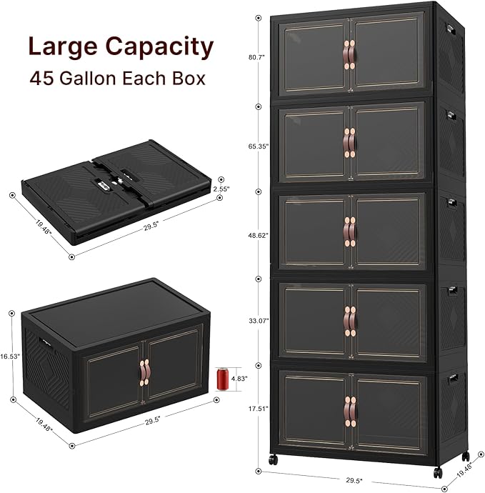 UAMFURI Stackable Storage Bins with Lids, 900QT Closet Organizers, Lockable Storage Cabinet，Foldable Storage Box with Doors and Wheels, Plastic Drawers for Home, Garage, Office (5, Black, Extra Large)