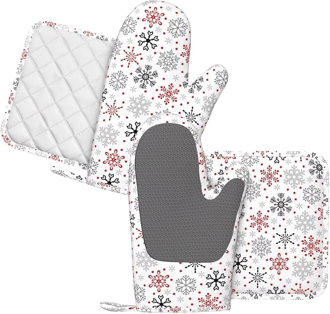 Christmas Winter Snowflake Oven Mitts and Pot Holders Set, 4pcs Silicone Christmas Snowflakes Oven Glove for Kitchen Heat Resistant Oven Mitts and Potholders Non-Slip for Cooking