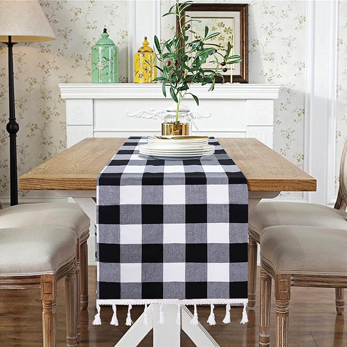 DUOBAO Buffalo Plaid Table Runner 2pcs 14x90-Inch Red and White Checkered Tables-Runners with Tassel Christmas Decoration Gingham Rustic Farmhouse Style