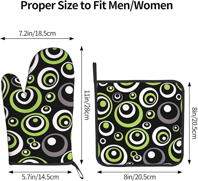 Black Green Retro - Geometric Oven Mitts and Pot Holders Set of 3, Non-Slip Heat Resistant Green and Black White Circle Pattern Kitchen Gloves for Cooking Baking Grilling, Gift for Women, Home Decor
