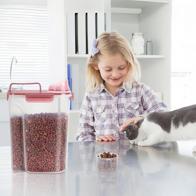 LEAWALK 5-7Lbs Dog Cat Food Storage Container with Upgraded Large Nozzle BPA-free, 4 Snap Seals Plastic Pet Food Storage Containers with Handles (Clear Pink, 5L-1pack)