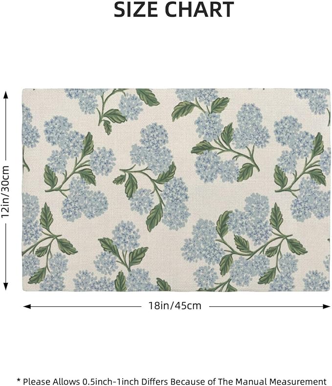 Blue Green Spring Placemats Set of 4 Hydrangea Flower Decor Place Mats 12x18 Inch Vintage Floral Summer Seasonal Decorative Linen Table Mats for Home Kitchen Dining Party Table Decoration