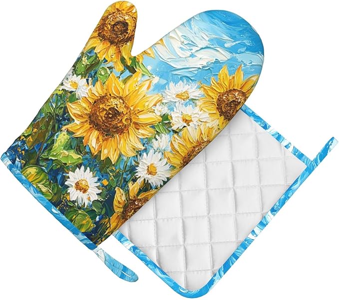 Oven Mitts and Pot Holders Sunflower Daisy Flower Art Silicone Kitchen Accessories Set of 2 Heat Resistant Long Gloves Potholder Non-Slip Grip for Chef Cooking,Baking,Grilling,BBQ