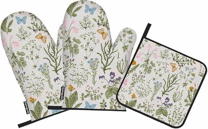 Floral Plant Oven Mitts and Pot Holders Sets Wild Flowers Herbs Heat Resistant 3pcs for Cooking Baking BBQ