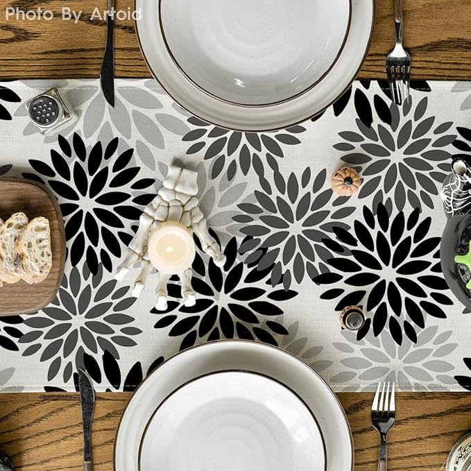 Artoid Mode Black Dahlia Floral Pinnata Halloween Table Runner, Fall Autumn Kitchen Dining Table Decoration for Home Party Decor 13x36 Inch