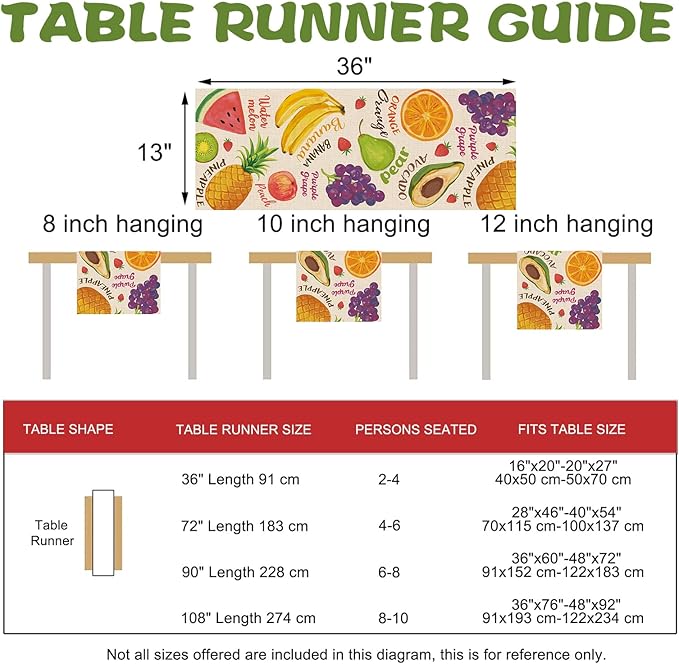 Watercolor Fruit Table Runner, Watermelon Pineapple Banana Orange Kitchen Dining Table Decoration, Spring Summer Grapes Kiwi Avocado Burlap Indoor Outdoor Home Decor Party Supply 13 x 36 Inches