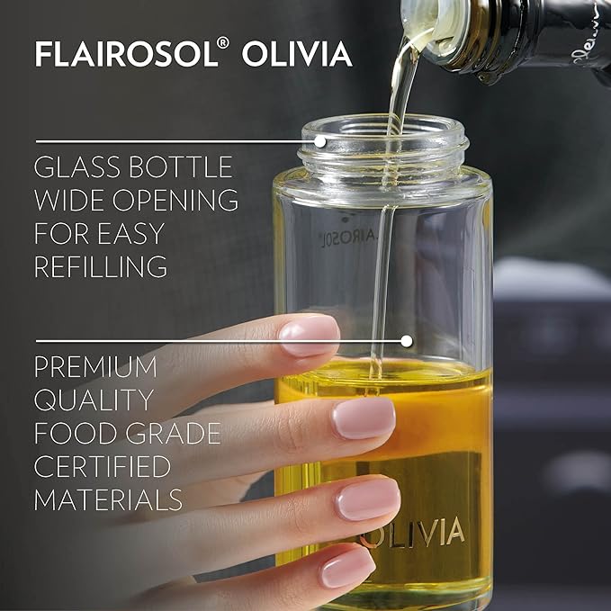 FLAIROSOL OLIVIA Signature The Original Advanced Oil Sprayer for Cooking, Kitchen, Salads, BBQs, Continuous Spray with Portion Control, 130ml Glass Olive Oil Sprayer(White Print)
