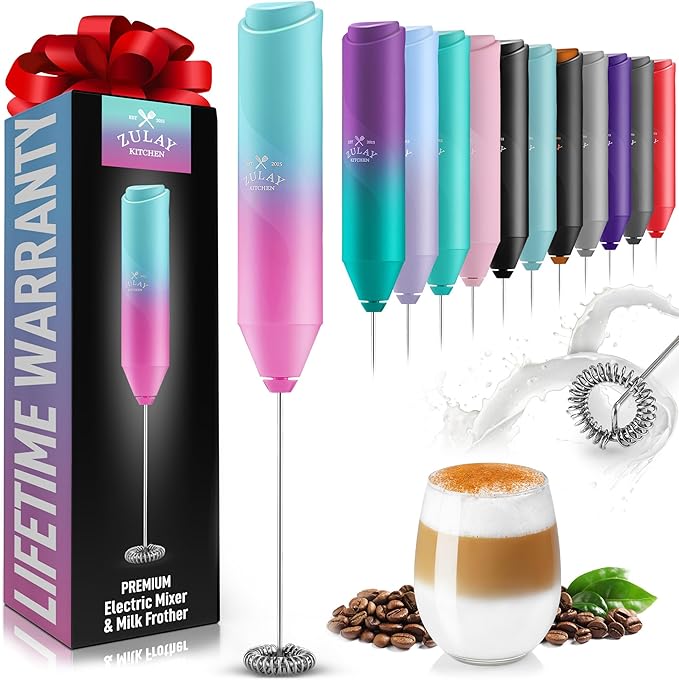 Zulay Kitchen Milk Frother Handheld Battery Operated – Electric Drink Mixer for Coffee, Lattes, Cappuccinos, Matcha & Hot Chocolate – Portable Foam Maker & Coffee Bar Accessory - Bright Bubblegum