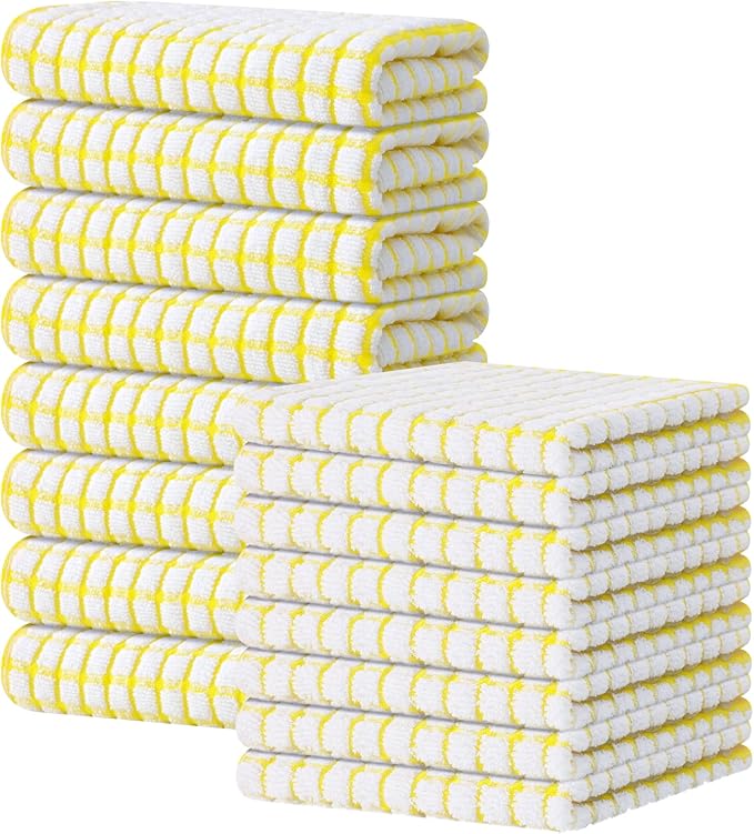 Kitinjoy Cotton 16 Pack Kitchen Towels and Dishcloths Sets, 16 x 25 Inch & 12 X 12 Inch Dish Towels Bulk, Super Soft and Absorbent Hand Towels for Kitchen Drying, Yellow