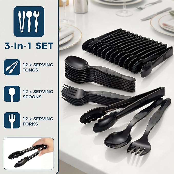 36 Pcs Disposable Serving Utensils Set - 9 Inch Black Tongs, Forks, Spoons for Restaurants, Catering, Party Supplies, Buffet, Wedding, Picnic