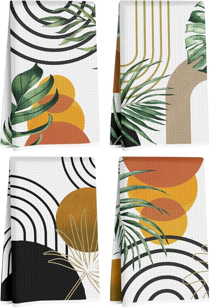 4 Pcs Boho Kitchen Towels, Abstract Tropical Tea Hand Towel, Microfiber Dish Cloths for Drying Dishes, Waffle Dish Towels for Kitchen Bathroom Home Decor, Housewarming Gifts for Women Mom