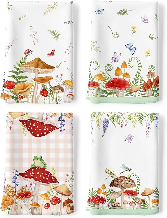 Spring Summer Mushroom Tea Towels, Cotton Kitchen Towel 18.9 × 27.5 inch, Quick Drying Dish Cloth for Party Anniversary Holiday Decoration, Housewarming Gifts for Mom