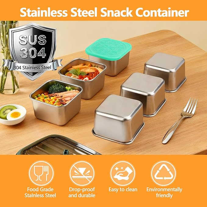 Snack Box Containers - 6 Pack 6oz Reusable Small Snack Containers with Silicone Lids, 304 Stainless Steel Metal Stackable Food Storage Cups, Salad Dressing Dipping Sauce for Travel, Picnic