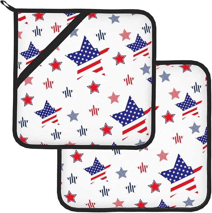 Christmas Potholders,4Th of July Patriotic Pot Holder Set Blue Stars Strip Kitchen Decor Cooking Heat Resistant Hot Pads for BBQ Baking Grilling(8"x8")