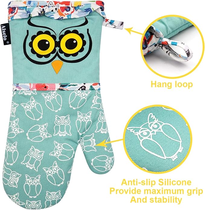 Alselo Oven Mitts, Heat Resistant with Soft Quilted Cotton Lining Set of 2, Fashion Animal Design with Silicone Printing Anti-Slip Kitchen Gloves for Safe Backing Cooking Barbecue (Green 2)