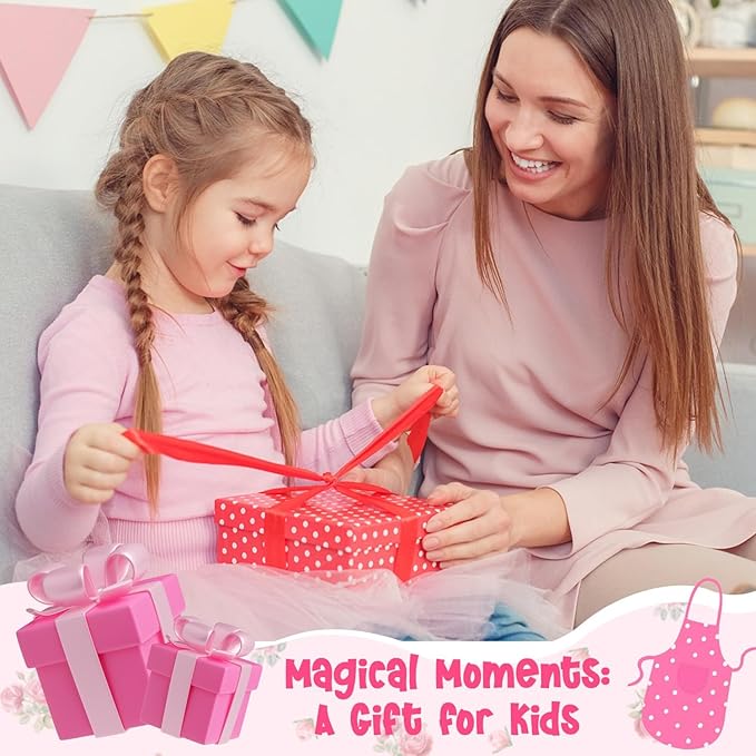 R HORSE Kid Apron and Chef Hat Set - 2Pcs Plaid Floral Adjustable Children Kitchen Toddler Apron for Girls, Role Play Chef Toy Cooking Baking Painting and Training Kit Kid Funny Cooking Birthday Gift