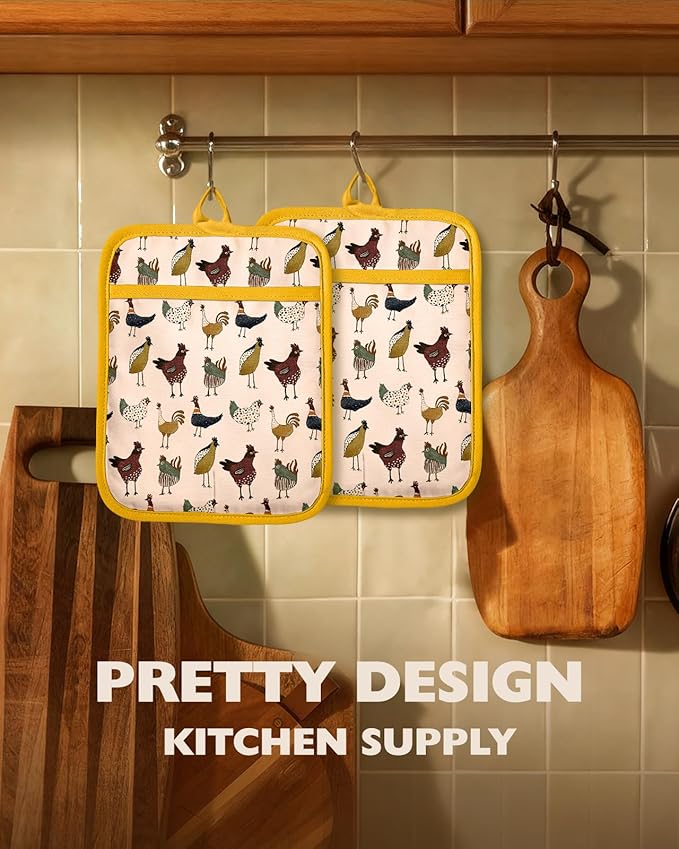 Slohif Silcone Chicken Pot Holders for Kitchen - 100% Cotton Yellow Cute Oven Potholders with Pockets, Heat Resistant Square Thick Hot Pads, House New Home Baking Baker Gifts,2pack