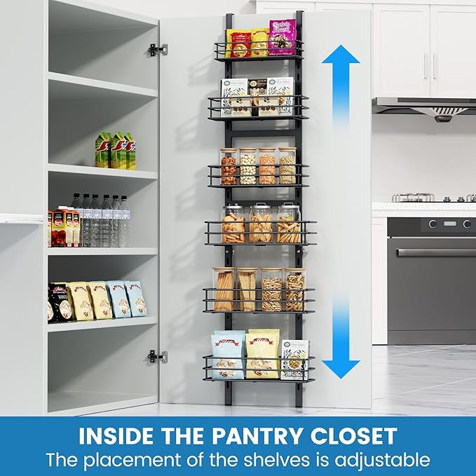 6-Tier Over the Door Pantry Organizer,Cabinet Door Organizer,Kitchen Pantry Door Organizers and Storage,Over the Door Spice Rack,Behind the Door Storage,Door Hanging Organizer,Black