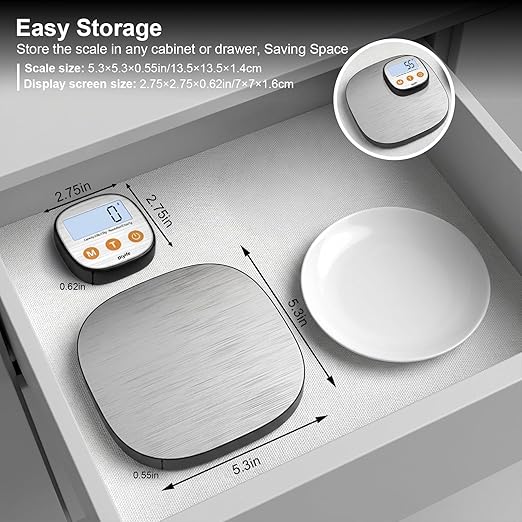 Rechargeable Kitchen Food Scale, Diyife 33lb Wireless Digital Kitchen Scale with Remote Display, 7 Units with Backlit LCD, Magnetic Stand USB Included, for Baking, Cooking, Postage (Round, Silver)