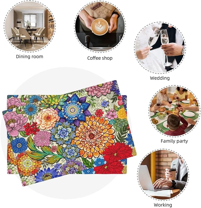 Boho Floral Linen Placemats Set of 4, 12x18 Inch Colorful Bohemian Flower Table Mats, Washable Non-Slip Heat Resistant Dining Mats for Kitchen Home Party Farmhouse, Spring Easter Festival Home Decor