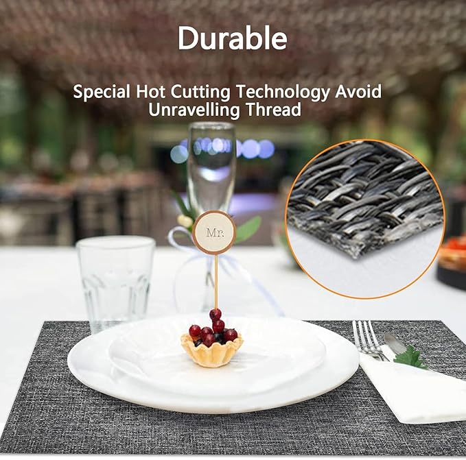 DACHUI Placemats Set of 8, Linen Look Woven Place Mats, Water Resistant, Heat Resistant, Washable, Durable Table Mats (Dark Grey)