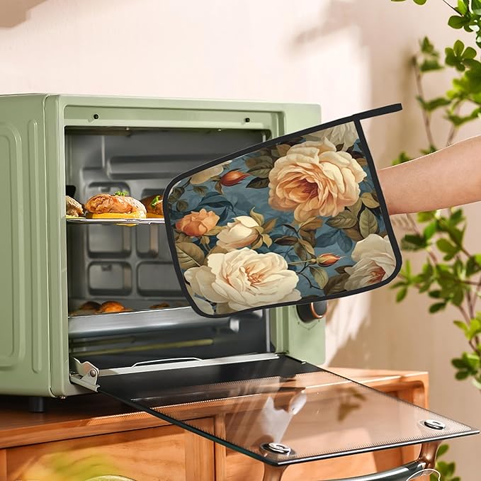 2 Pack Vintage Roses Floral Pot Holders for Kitchen Heat Resistant, Potholders for Kitchens Washable for Cooking & Baking & Microwave