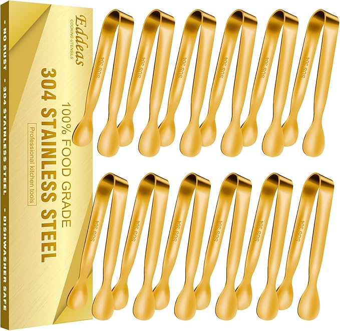 EDDEAS 12 PCS Small Serving Tongs, 4.3" Mini Gold Tongs, Gold Kitchen Tongs for Serving Food, Coffee Bar, Tea Party, Desserts Party and Ice Bucket