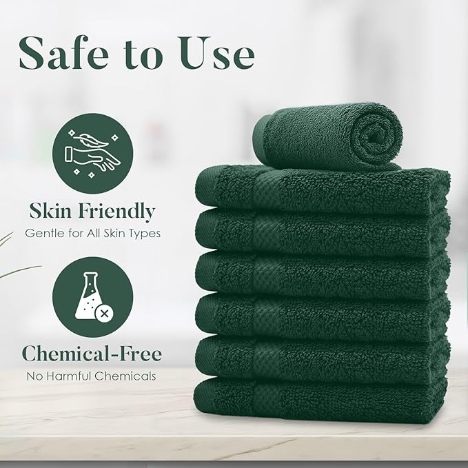 DAN RIVER 12-Pack Premium 100% Cotton Huntergreen Face Towels for Bathroom - Reusable Face Wash Cloths for Showering 12x12 Inches - 550 GSM Super Soft & Absorbent Luxury WashCloths for Body, Spa & Gym
