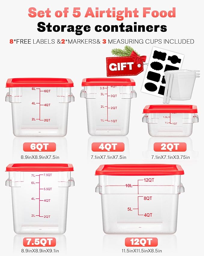 8QT NSF Food Storage Containers: 8 PCS [Food Grade][Hot&Cold Resistant] Commercial Clear Square Food Storage Containers with Scales Handles for Home Restaurant Kitchen Proof Dough (Red)