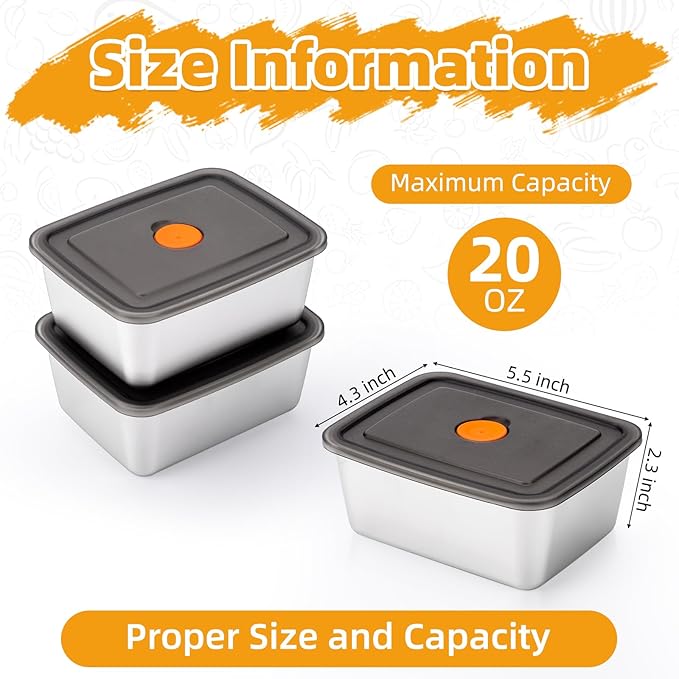 3 PCS(20oz) Stainless Steel Food Storage Containers With Lids | Snack Containers for Kids, Freezer Safe, Microwave Safe | 316 Metal Containers For Meal Prep, Leftovers, Freezer