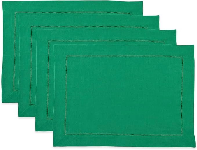 Solino Home Linen Cloth Placemats Set of 4-100% Pure Linen Hemstitch Emerald Green Placemats 14 x 19 Inch - Classic Hemstitch Table Place Mats