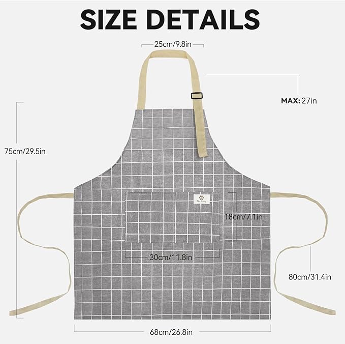 2 Pieces Aprons for Women with Pockets, Cotton Linen Waterproof Kitchen Cooking Aprons, Chef Apronfor Men Women with Adjustable Neck Strap and Long Ties(Pink/Grey)