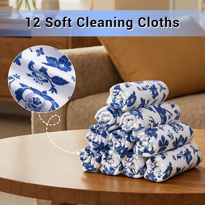 YUA Microfiber Cleaning Cloth 12 Pack,Microfiber Towels Cleaning,Microfiber Towels for Cars,Absorbent Dish Washing Cloth,Reusable Cleaning Cloths Lint Free (Blue Floral Deer)