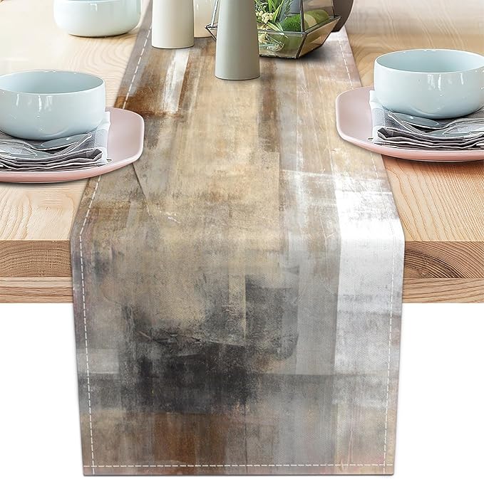 Brown Grey Table Runners Modern Art Farmhouse Linen Table Runners Dresser Scarves Retro Rustic Style for Party Kitchen Dining Table Coffee Holiday Party Decor (13"x 90")