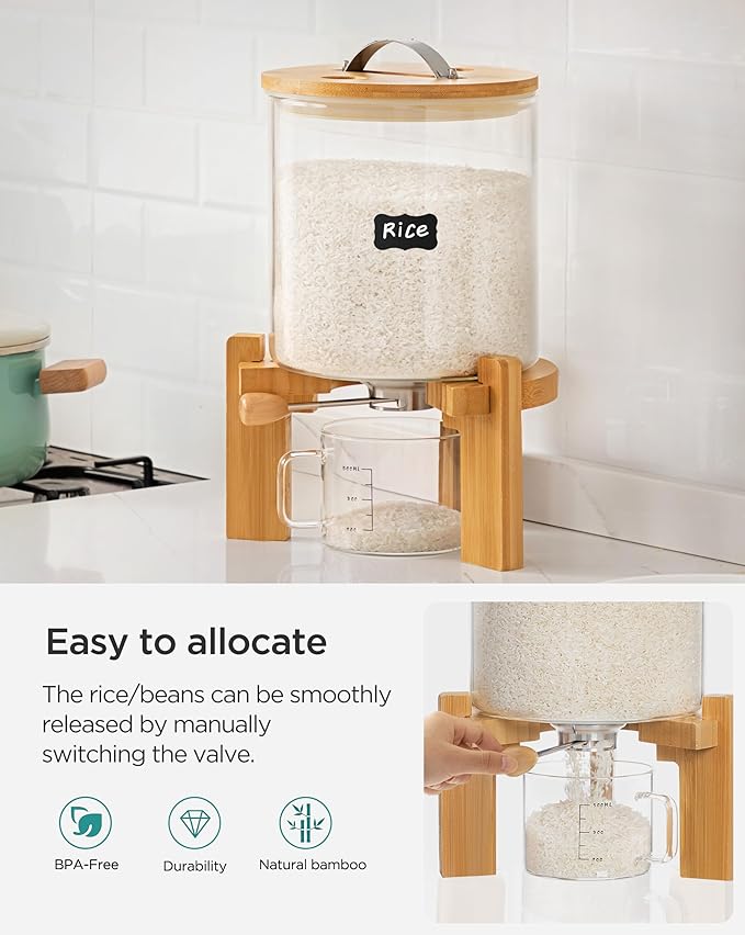 8-10 lbs Glass Rice Dispenser with Wooden Stand Flour and Cereal Container with Glass Measuring Cup & Labels & Slider mat Pantry Food Organization Storage Bin with Airtight Bamboo Lid, 5L