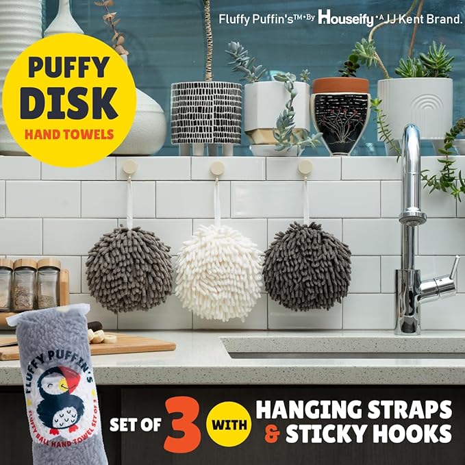 JJ KENT Fluffy Puffins Microfiber Hand Towels - Set of 3 Fluffy Hand Towels with Wall Hook Attachment - Quick and Easy Hand Drying Puffs