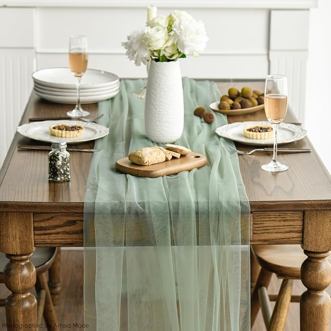 Artoid Mode Sage Green Gauze Table Runner 120 Inch 10FT, Seasonal Sheer Kitchen Dining Holiday Wedding Birthday Baby Shower Table Decor for Home Party
