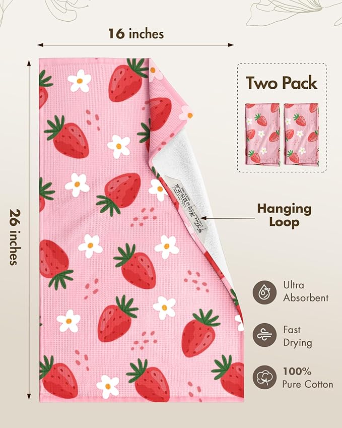 Miss Adola 2pcs Waffle Kitchen Towels - 16x26 Inch Cotton Waffle Weave Dish Cloths Set of 2 with Hanging Loop Absorbent Hand Tea Towels Cute Design for Housewarming Gift, Strawberry