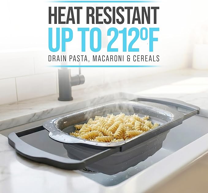 Comfify XL Large Kitchen Strainer - Collapsible Silicone Over-The-Sink Colander with Extendable Handles - Use with Pasta, Fruit, Berries & Veggie - 6 Quart - Gray