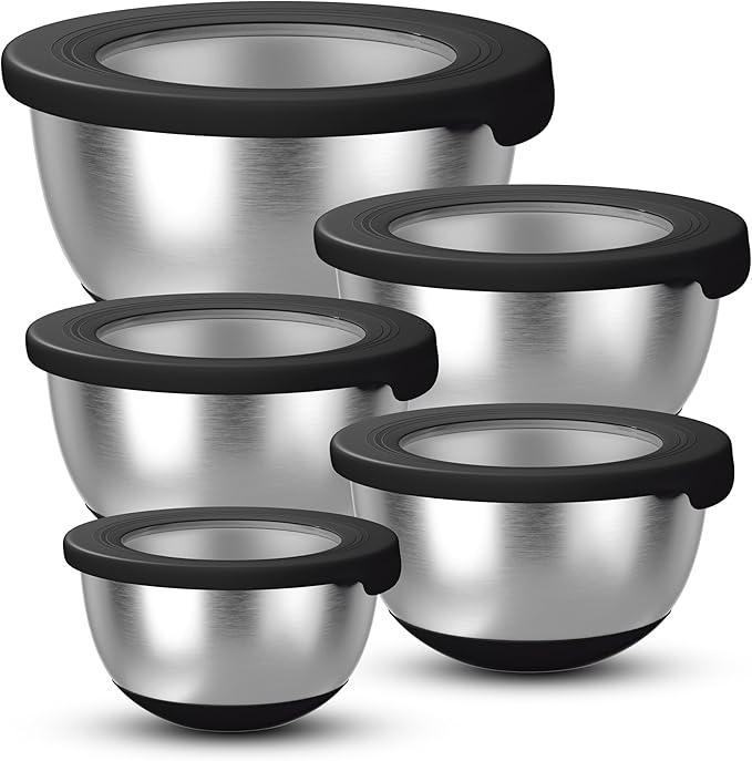 KITEISCAT Stainless Steel Mixing Bowls with Lids – Set of 5 Large Nesting Metal Bowls for Kitchen, Baking, Cooking, Food Prep & Storage, Non-Slip Base, Dishwasher Safe,Black