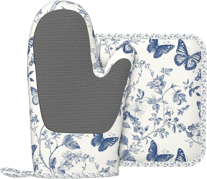 Oven Mitts and Pot Holders Butterfly Flower Vintage Blue Silicone Kitchen Accessories Set of 2 Heat Resistant Long Gloves Potholder Non-Slip Grip for Chef Cooking Baking Grilling BBQ