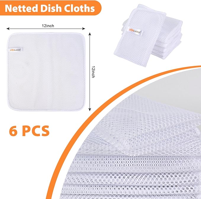 SUNLAND Netted Dish Cloths for Washing Dishes No Odor Dishes Scrubber for Kitchen-Fast Drying and Easy to Clean Mesh Dish Cloth 6 Pack 12Inch x12Inch White