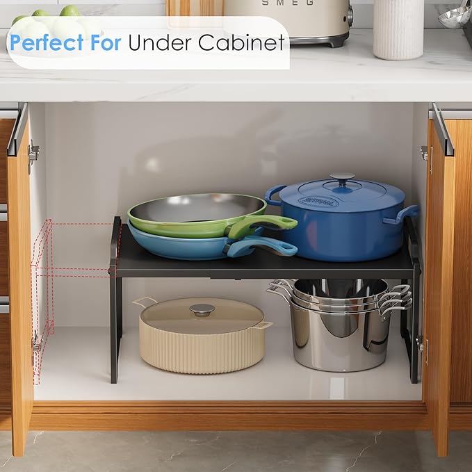 2 Pack 11” Width Expandable Kitchen Cabinet Organizer Shelves, Metal Kitchen Countertop Organizers and Storage Shelving, Heavy Duty Stackable Storage Rack Shelf For Pantry Cupboard Counter Tabletop