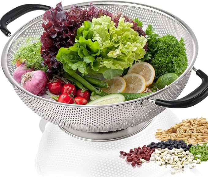 5 Qt Colander 18/8 Stainless Steel Colander Silicone Handle Easy Grip Micro-Perforated Strainer Heavy Duty and Self-draining Solid Ring Base BPA Free Dishwasher Safe - Black