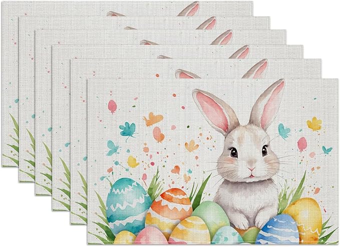 Easter Rabbit Eggs Placemats Set of 6, Washable Linen Place Mat Heat Resistant Non Slip Kitchen Dining Table Mats 12x18 Inch