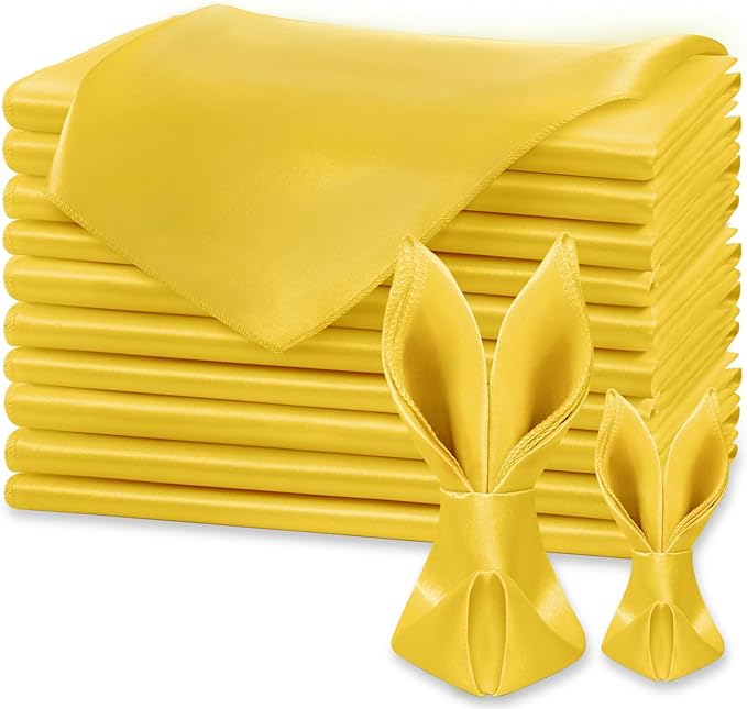 KKJIAF Gold Silky Satin Napkins (12 Pieces, 17x17 Inches),Washable Polyester Square Table Napkins for Wedding Dinner Party Decoration