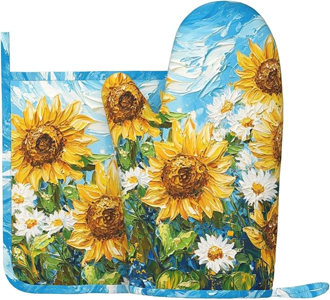 Oven Mitts and Pot Holders Sunflower Daisy Flower Art Silicone Kitchen Accessories Set of 2 Heat Resistant Long Gloves Potholder Non-Slip Grip for Chef Cooking,Baking,Grilling,BBQ