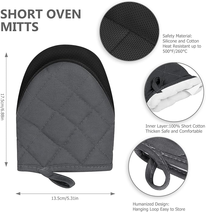 Short Oven Mitts, Heat Resistant 500°F, Silicone Grip Kitchen Gloves, Non-Slip for Baking, Grilling, BBQ, Machine Washable with Hanging Loop, 2-Pack Set, Cement Gray